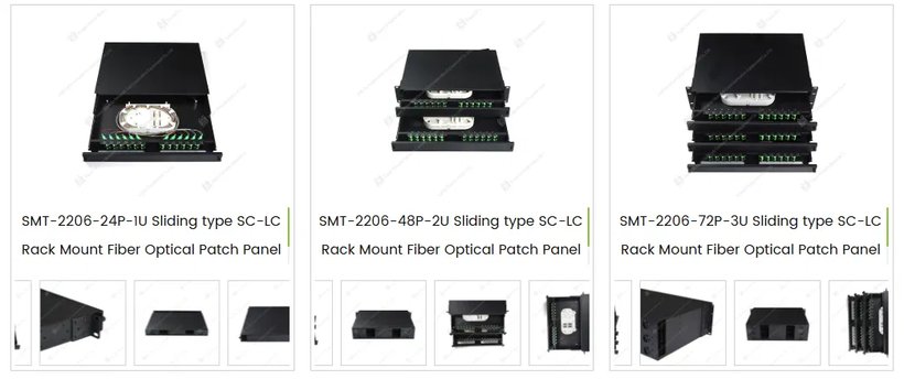 Rack mount fiber optic patch panel series with sliding tray design, 24 port 1U, 48 port 2U and 72 port 3U configurations